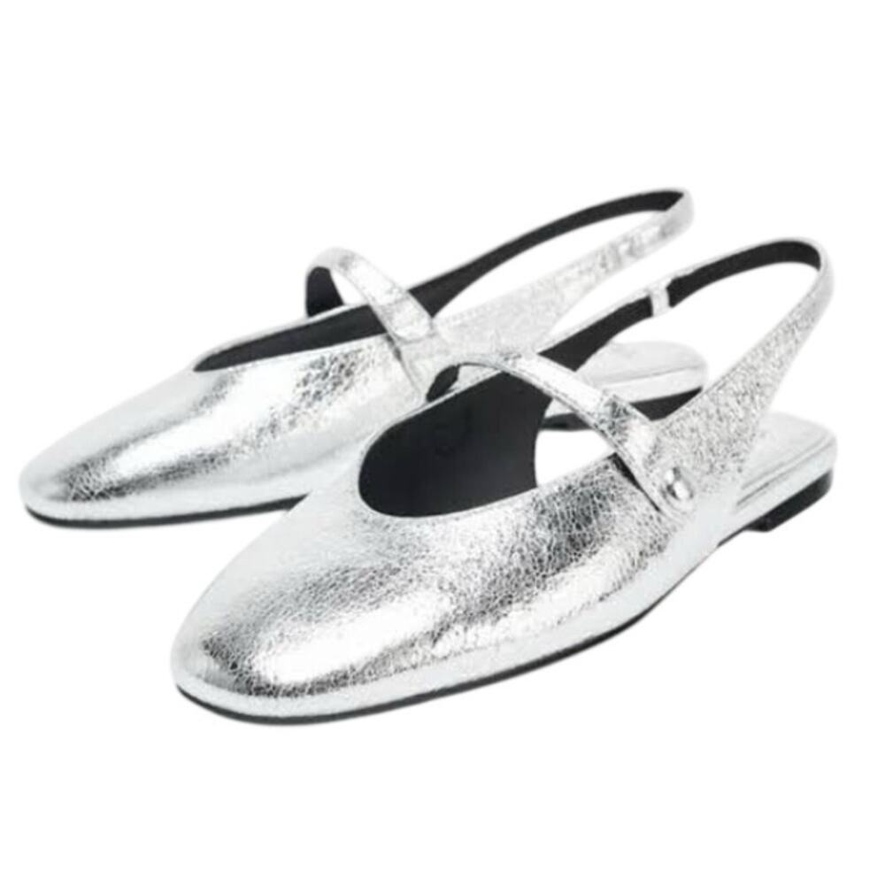 Zara Silver Metallic Mary Jane Slingback Ballet Flats Size 39/8